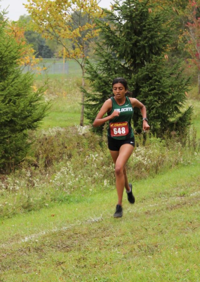 Junior Anjali Kidambi strides through the back half of Novi’s home course at a strong pace, after just breaking away from a pack of Plymouth runners. 
