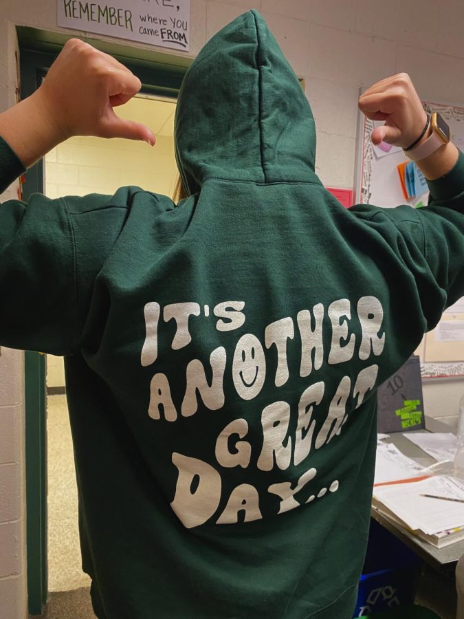 Junior Makayla Stewart dons her New Skool hoodie during school.