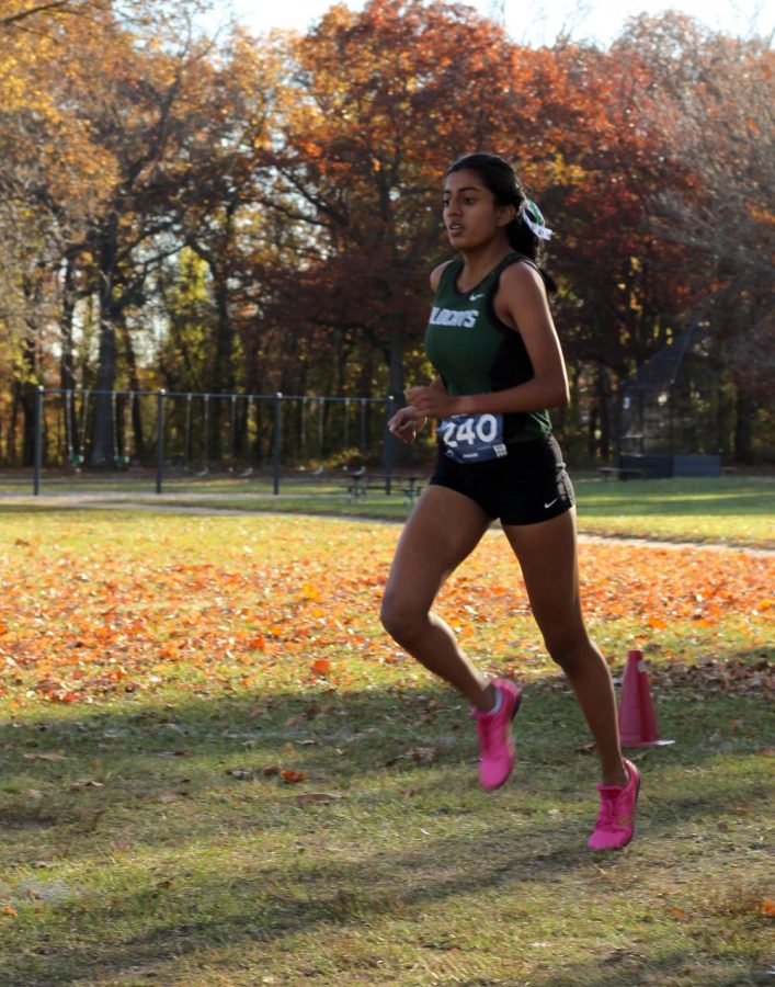 Running up the first of two large hills on the course, senior Anjali Kidambi sets a strong pace. She ran a state qualifying time of 20:01.9, placing 10th overall and medaling.