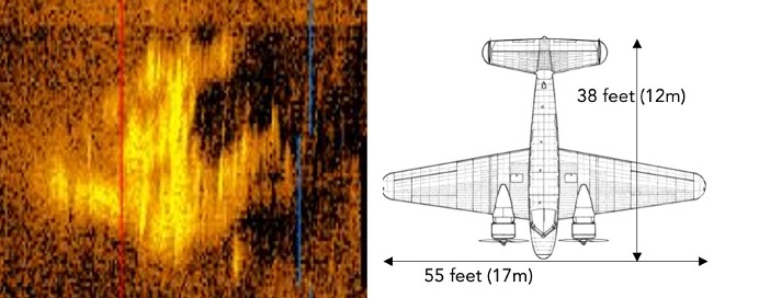 Sonar scan and diagram of the possible plane wreckage